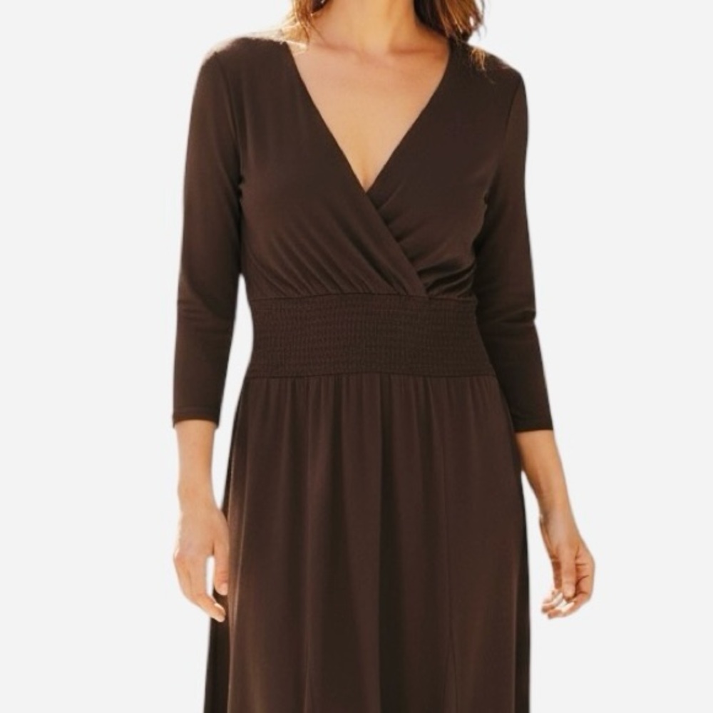 Rabbit Rabbit Slimming Design Brown Umpire Waist V Neck Swing Skirt Dress 12 - Picture 4 of 11